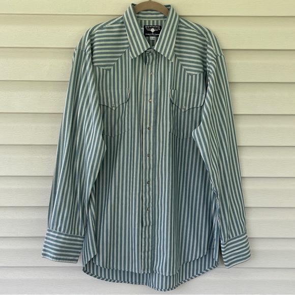 Flying R Ranchwear Men's Long Sleeve Pearl Snap Green Striped Shirt Sz X-Lg - Picture 1 of 8